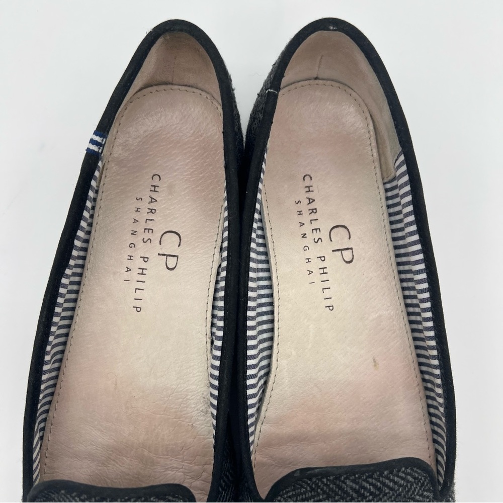 Charles Philip Shanghai Leather Tweed Herringbone Flats Black Tassel Size 7.5 - Picture 4 of 11